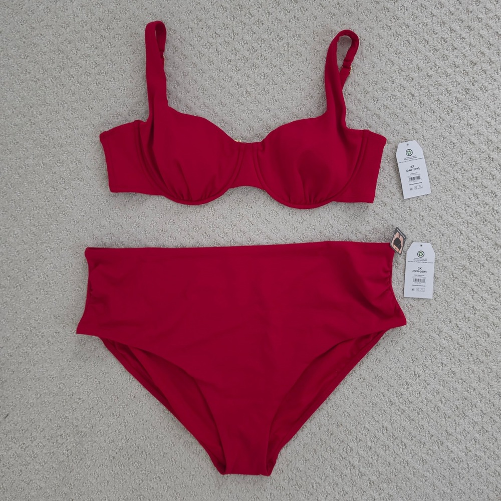 Red Ribbed Underwire Bikini Set High Waist Plus Size 3X 24W-26W NEW